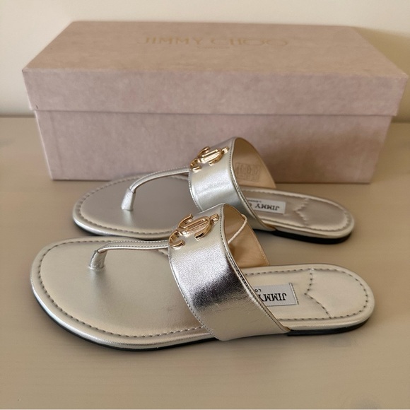 NIB JIMMY CHOO Flat Sandals Logo Leather Silver  Size 7 - Picture 3 of 10
